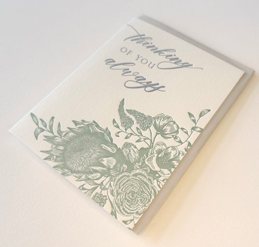 Letterpress friendship card with florals that says "thinking of you always" by Rust Belt Love
