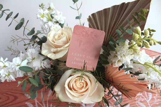 Coral floral minicard that reads "I can't stop thinking about you" from Rust Belt Love