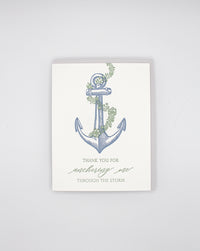 Letterpress thank you card with an anchor that says "Thank you for anchoring me through the storm" by Rust Belt Love