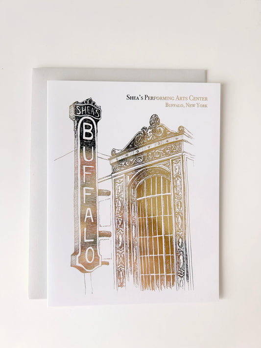 Array of gold foil Buffalo landmark cards by Rust Belt Love