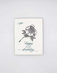 Letterpress birthday card with black floral that reads "oops...happy (belated) birthday" by Rust Belt Love