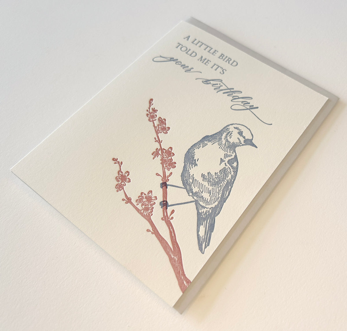 Letterpress birthday card with florals and a bird that says " A little bird told me it's your birthday" by Rust Belt Love