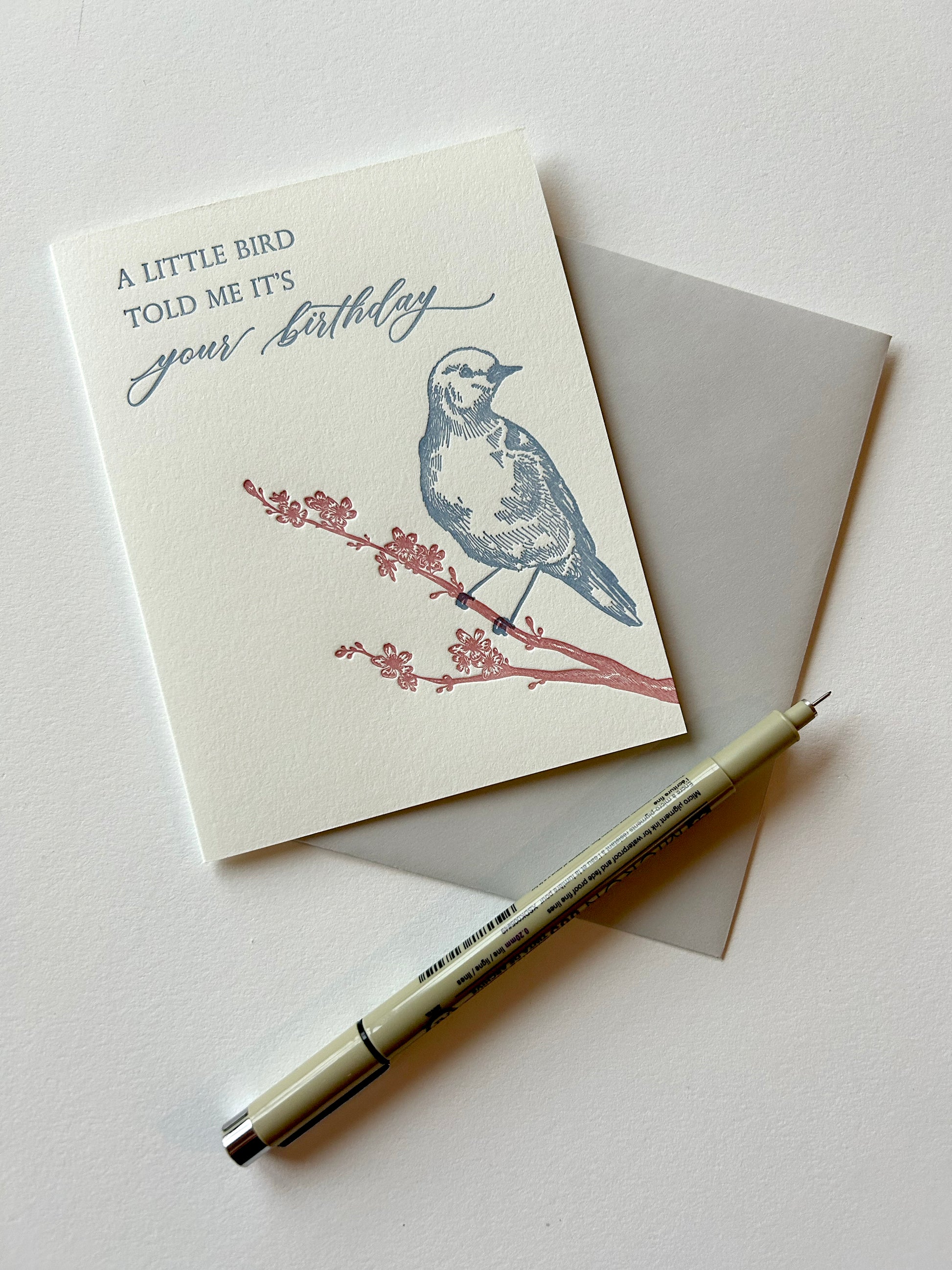Letterpress birthday card with florals and a bird that says " A little bird told me it's your birthday" by Rust Belt Love