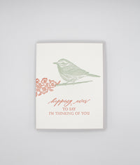 Letterpress friendship card with a bird that says "Hopping over to say I'm thinking of you" by Rust Belt Love