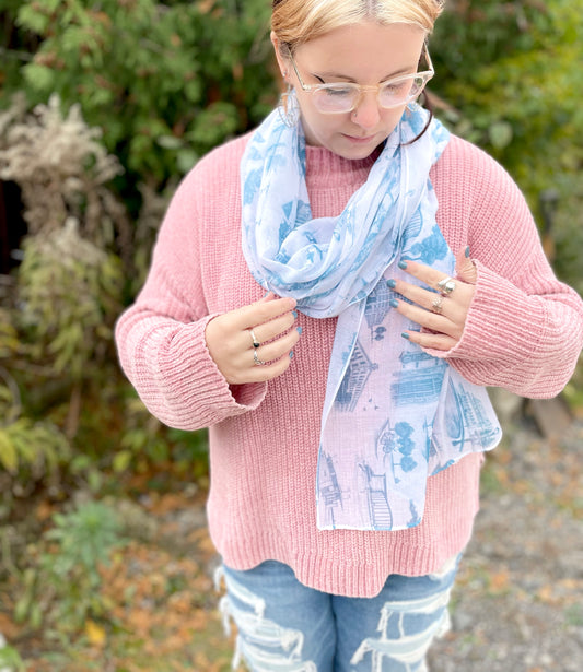 Teal Toile De Buffalo scarf with Buffalo landmark illustrations on it by Rust Belt Love