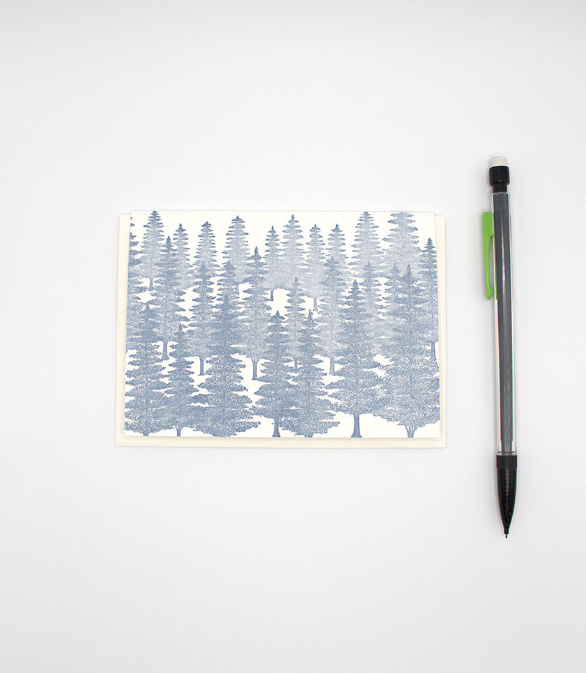 blue evergreen printed small card by Rust Belt Love, with pencil for size reference 