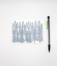 blue evergreen printed small card by Rust Belt Love, with pencil for size reference 