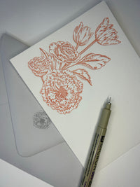 Letterpress flat note card with a peach floral bouquet and matching printed grey envelope by Rust Belt Love