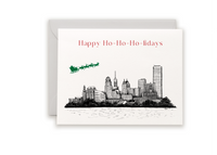 Letterpress Buffalo holiday card with the skyline on it that reads " Happy ho-ho-ho-lidays" by Rust Belt Love