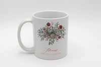 White ceramic mug with floral illustration and the words Flowers Always + Always
