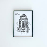 City Hall illustration in black ink on white paper by Rust Belt Love
