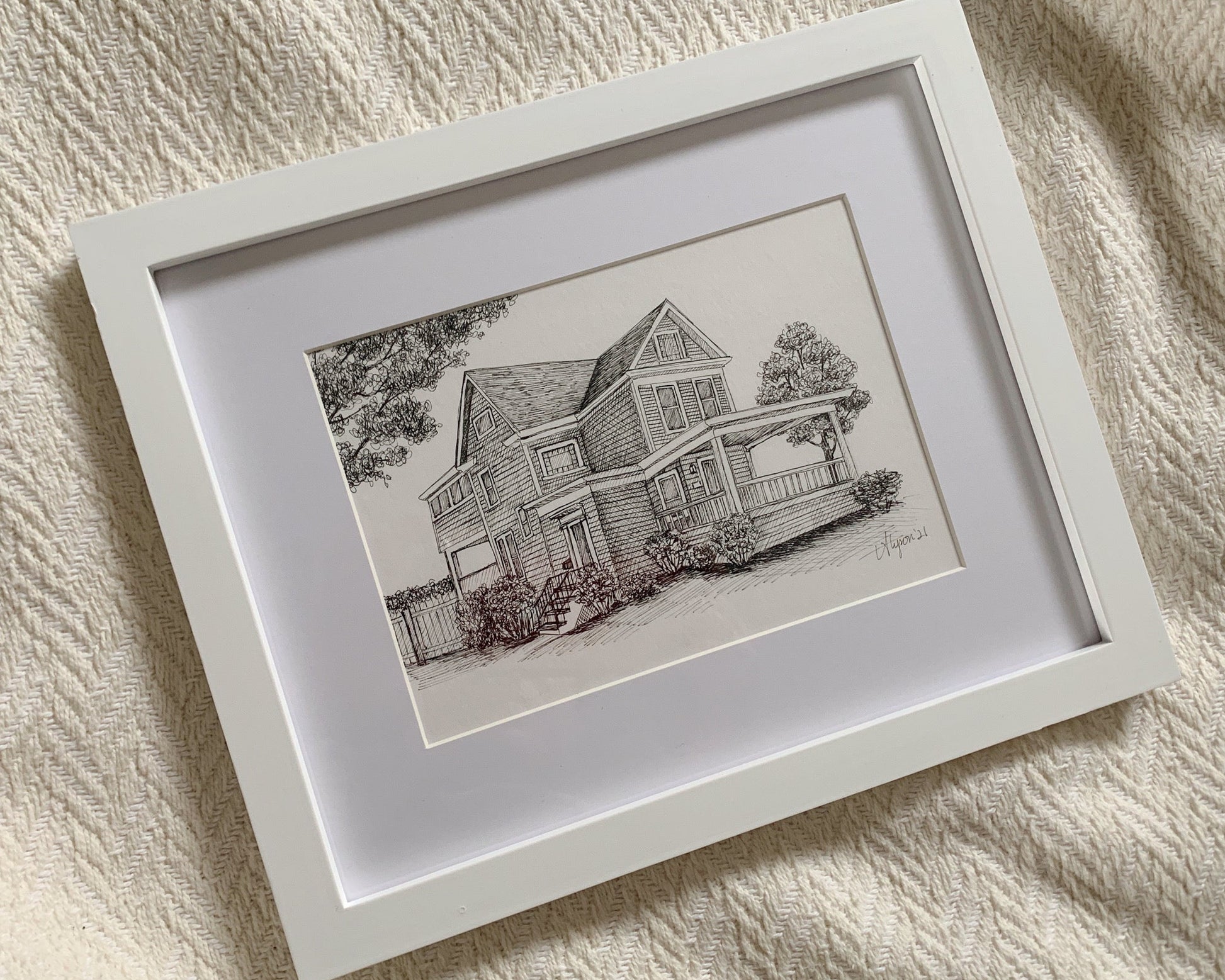 Framed illustration of a custom drawn home by Rust Belt Love