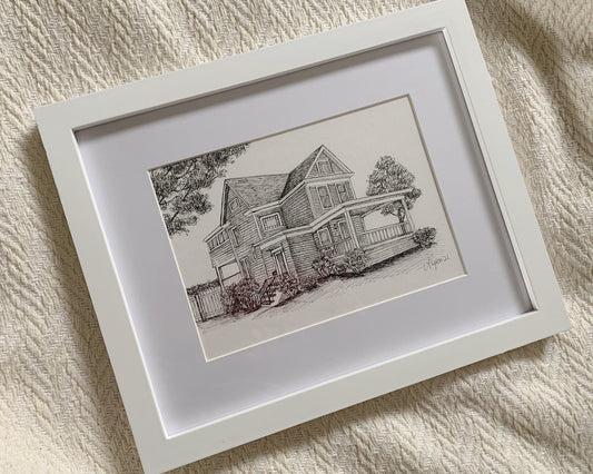 Framed illustration of a custom drawn home by Rust Belt Love