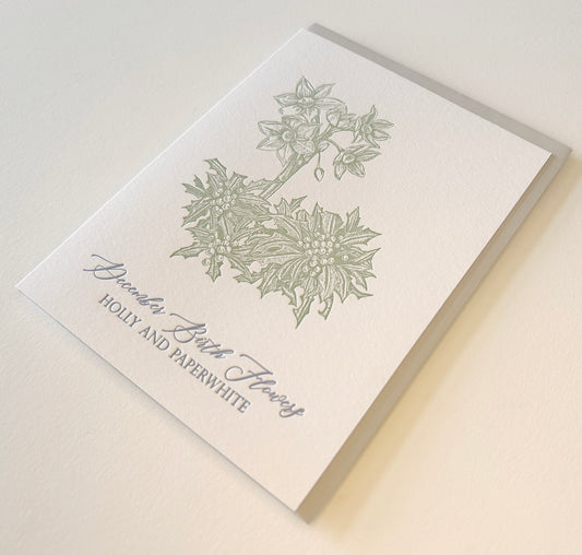 Letterpress birthday card with florals that says "December Birth Flowers, Holly And Paperwhite" by Rust Belt Love