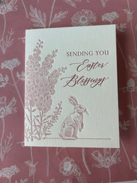 Letterpress Easter card with flowers and a bunny that says " Sending You Easter Blessings" by Rust Belt Love