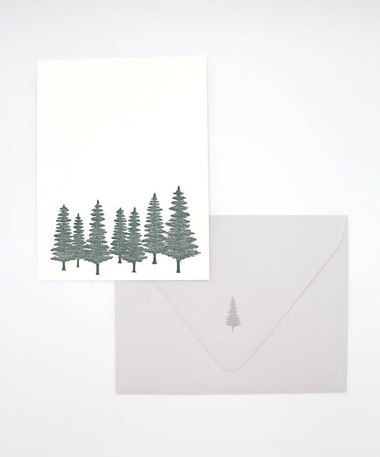 Letterpress flat note card with green evergreens by Rust Belt Love