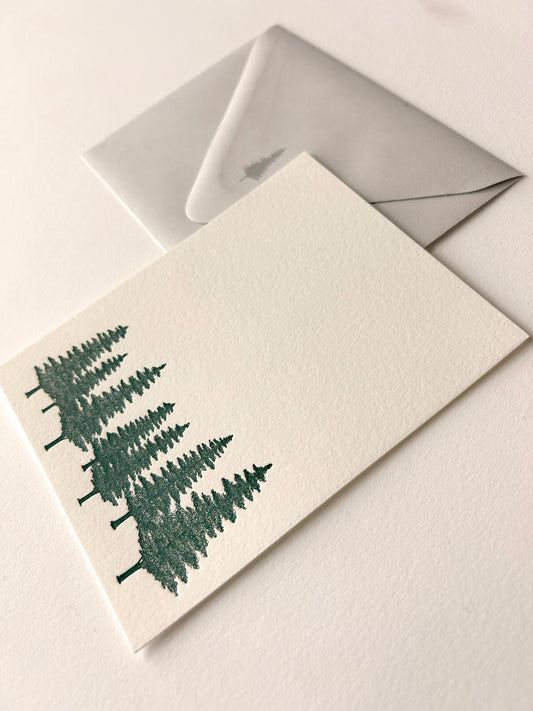 Letterpress flat note card with green evergreens by Rust Belt Love