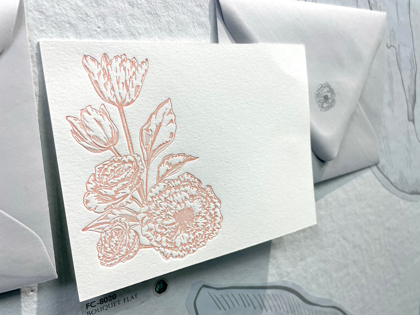 Letterpress floral bouquet flat note cards styled with envelopes by Rust Belt Love