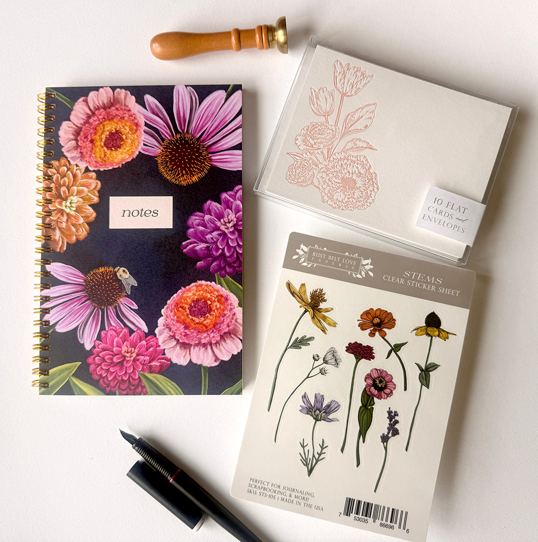 Floral letterpress stationery gift set with a journal notebook, notepad, flat notes, and sticker sheet by Rust Belt Love