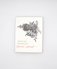 Letterpress friendship card with lack florals that reads "thank you for being my forever friend" by Rust Belt Love