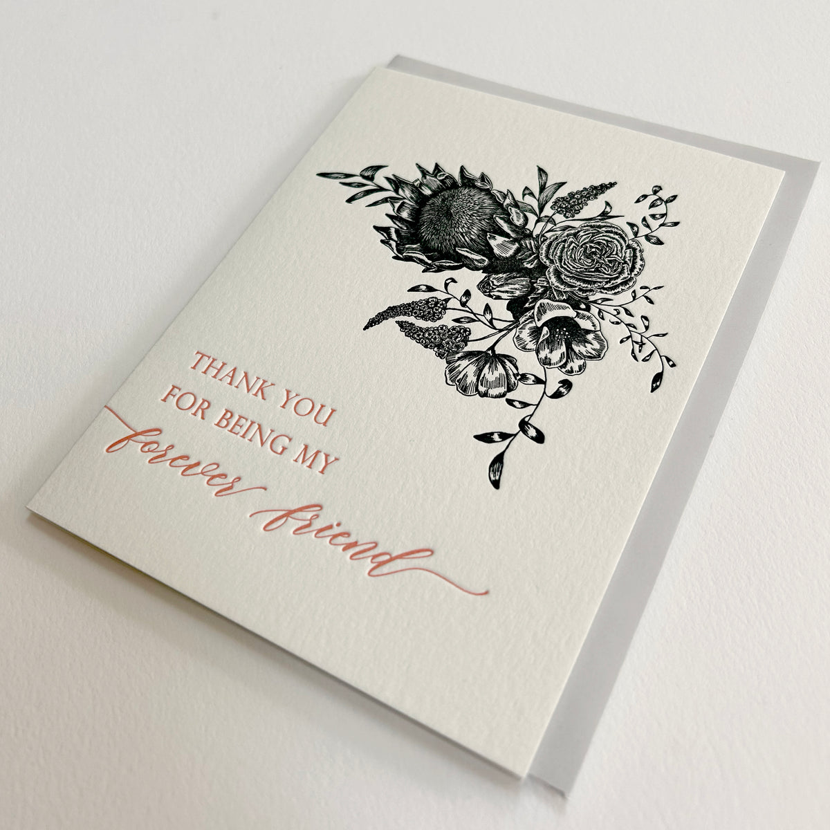 Letterpress friendship card with lack florals that reads "thank you for being my forever friend" by Rust Belt Love
