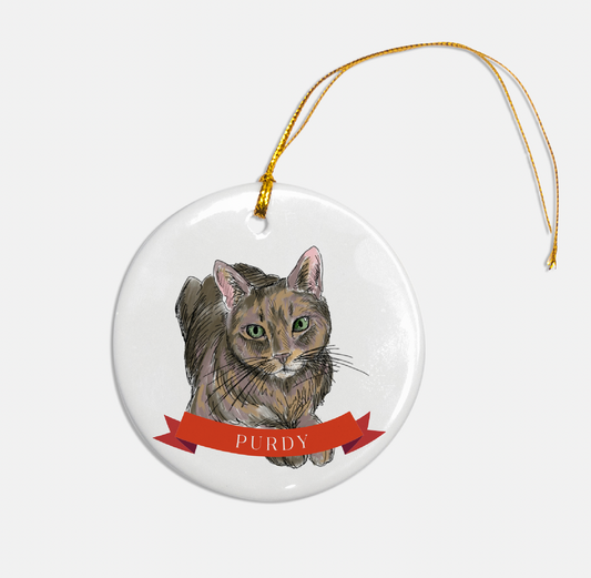 Circular glass ornament with a dog illustration with two dogs that reads "Harp + Ruger" by Rust Belt Love
