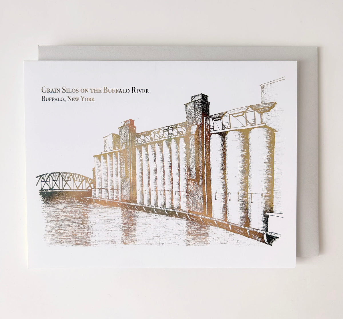 Rust Belt Love's gold foil card of grain silos on the buffalo river illustration