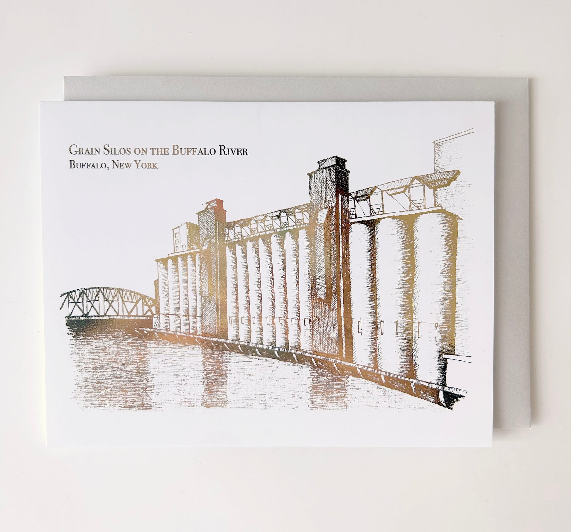 Rust Belt Love's gold foil card of grain silos on the buffalo river illustration