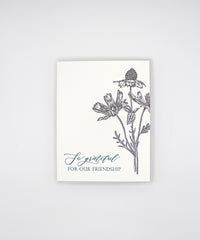 Letterpress friendship card with black florals that reads "So grateful for our friendship" by Rust Belt Love