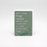 Green floral minicard that reads "May your loving memories bring you comfort in this difficult time" from Rust Belt Love