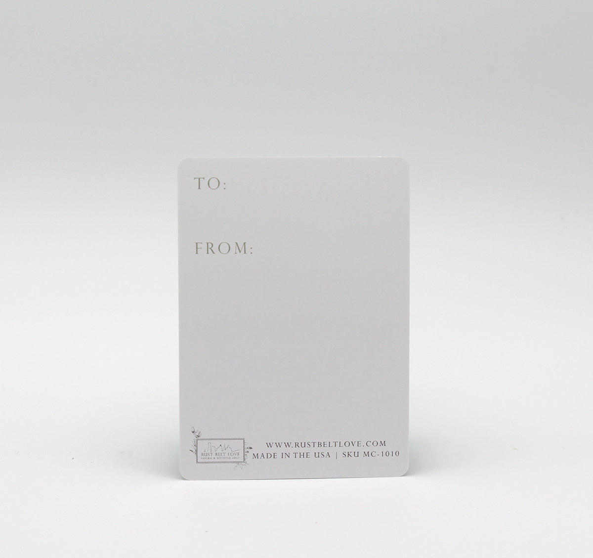 Back of minicard that reads "To" and "From" by Rust Belt Love