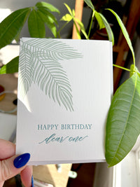 Letterpress birthday card with leaves in the corner that says "Happy Birthday Dear One" by Rust Belt Love