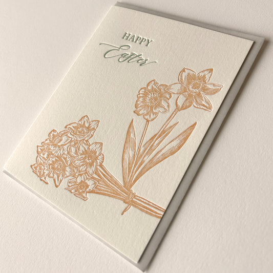 Letterpress Easter Card with a bouquet of flowers that says " Happy Easter" by Rust Belt Love