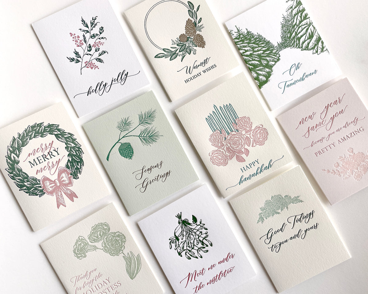A variety of Rust Belt Love's letterpress holiday cards