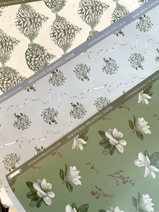 Blue mistletoe patterned wrapping paper roll from Rust Belt Love