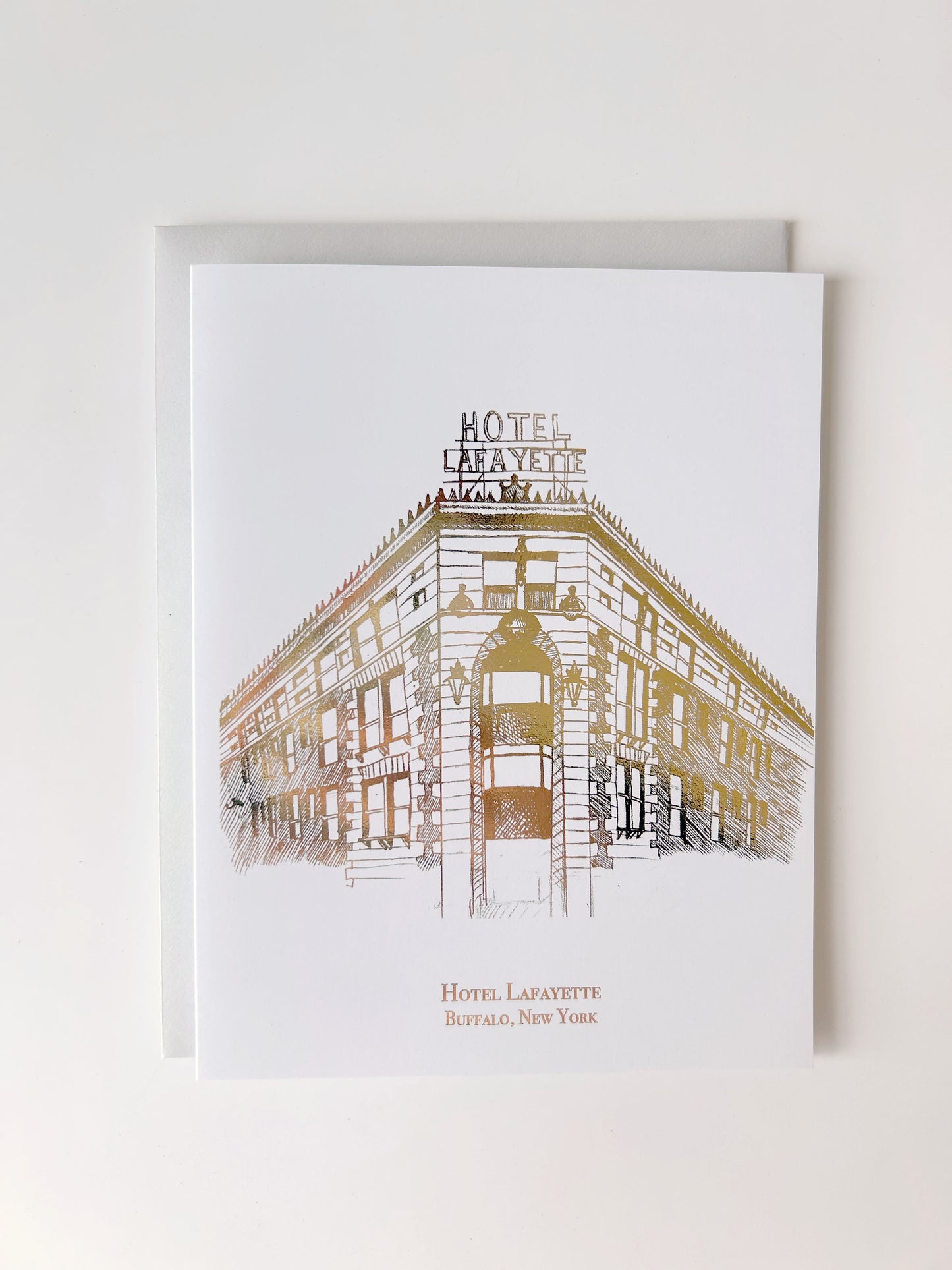Gold foil card with Hotel Lafayette illustration by Rust Belt Love