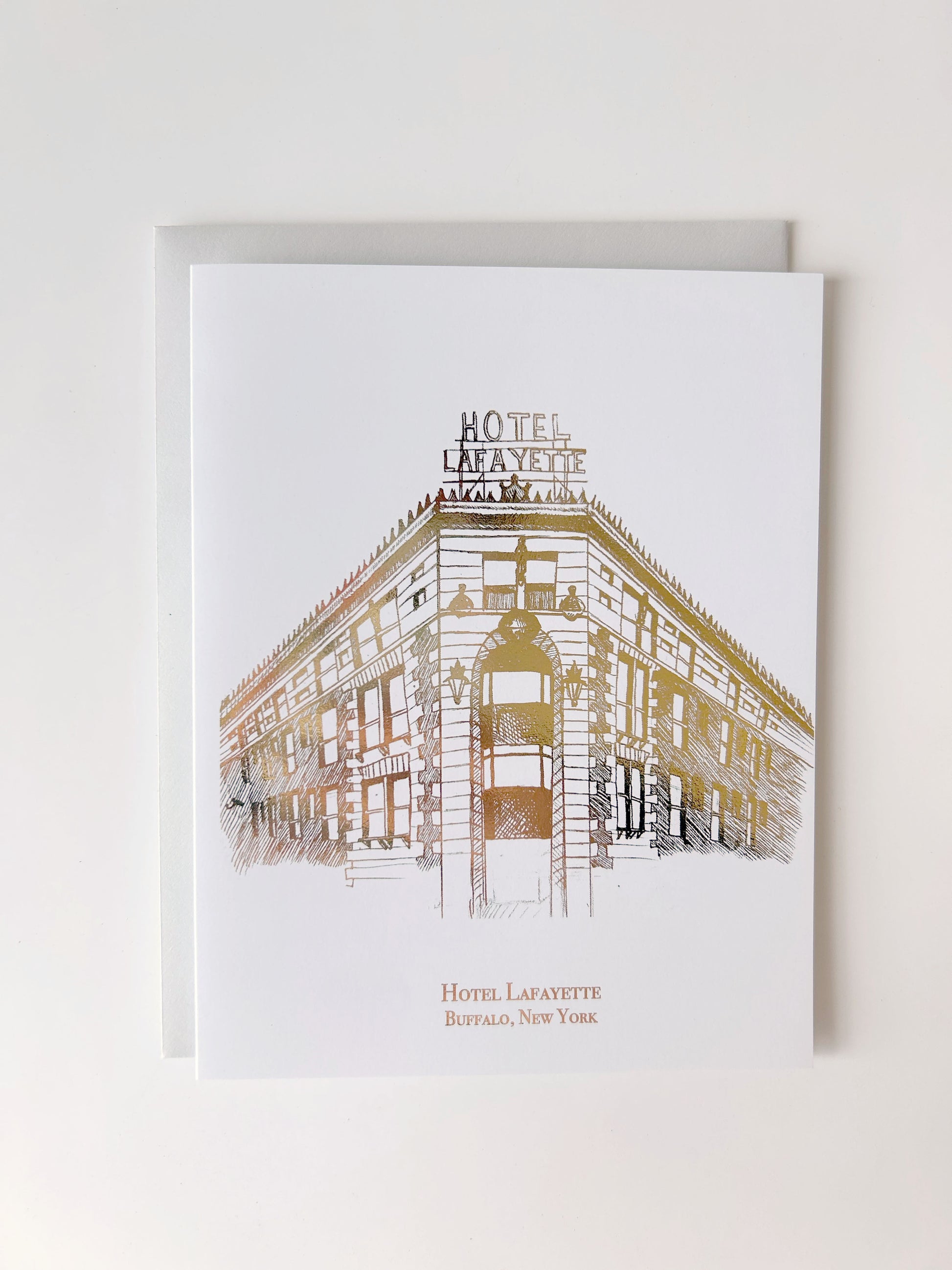 Gold foil card with Hotel Lafayette illustration by Rust Belt Love