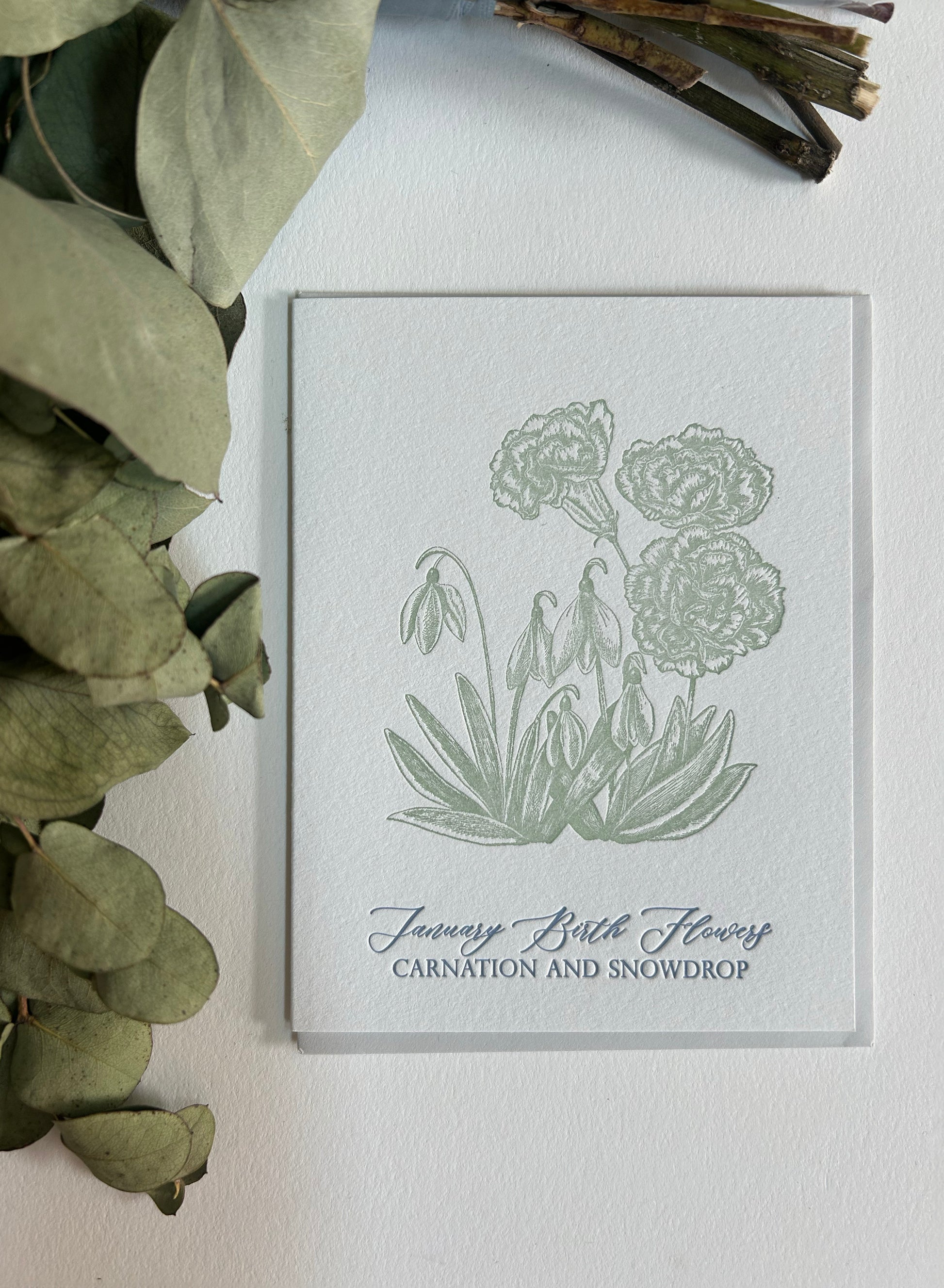 Letterpress birthday card with florals that says "January birth flowers carnation and snowdrop" by Rust Belt Love