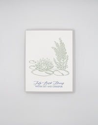 Letterpress birthday card with florals that says "July birth flowers water lily and larkspur" by Rust Belt Love