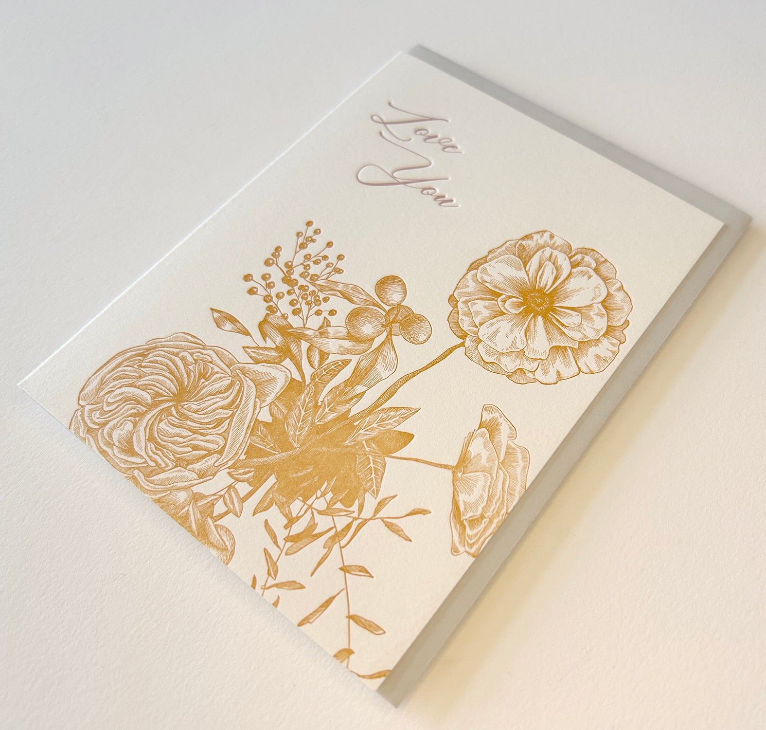 Letterpress love card with florals that says "Love you" by Rust Belt Love
