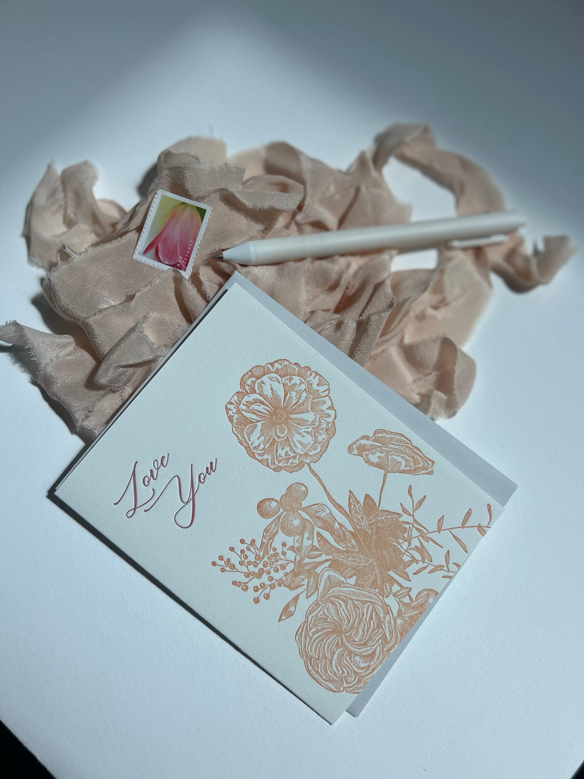 Letterpress love card with florals that says "Love you" by Rust Belt Love