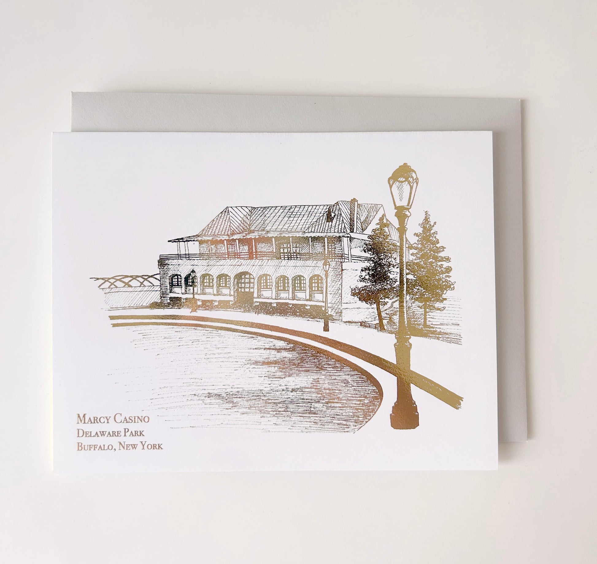 Gold foil Marcy Casino, Buffalo NY card by Rust Belt Love