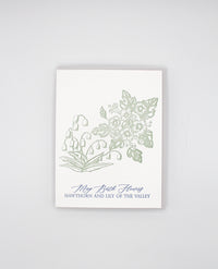 Letterpress birthday card with green florals that reads "May birth flowers hawthorn and lily of the valley" by Rust Belt Love