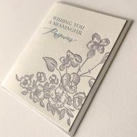 Letterpress Passover card with flowers that says " Wishing You A Meaningful Passover" by Rust Belt Love 