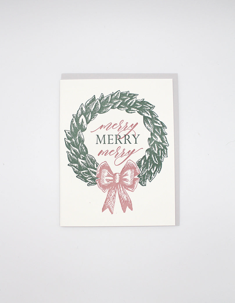 Letterpress holiday card with wreath that says "Merry merry merry" by Rust Belt Love