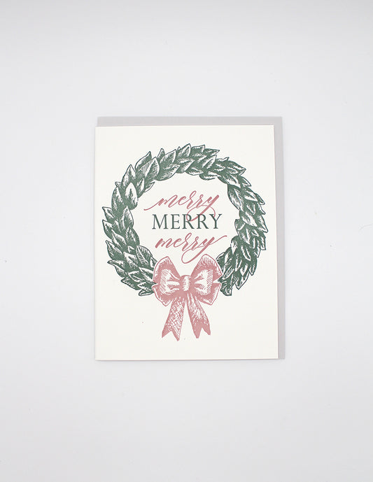 Box of letterpress holiday cards with wreath that says "Merry merry merry" by Rust Belt Love