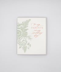 Letterpress wedding card with florals that says "to my parents on my wedding day" by Rust Belt Love