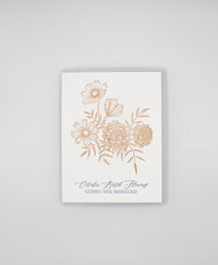 Letterpress birthday card with florals that says "October birth flowers cosmo and marigold" by Rust Belt Love