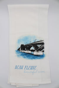 White Tea Towel with peace bridge illustration that says "beau fleuve beautiful river" by Rust Belt Love