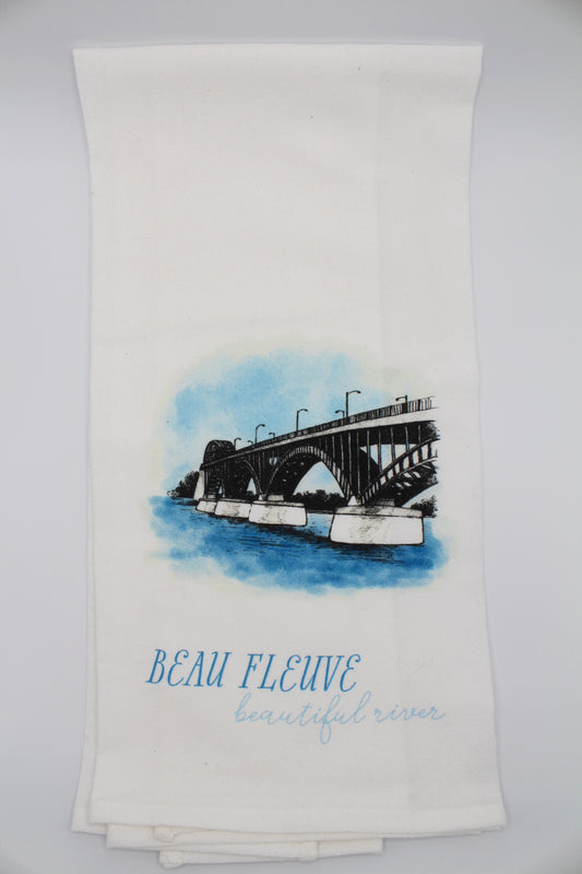 White Tea Towel with peace bridge illustration that says "beau fleuve beautiful river" by Rust Belt Love